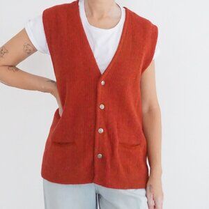 Vintage Burnt Orange Button Front Ribbed Knit Sweater Vest Pockets Minimalist M